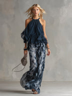 Damen Hochzeitsgastanzug Lena – Volant-Neckholder mit Palazzohose