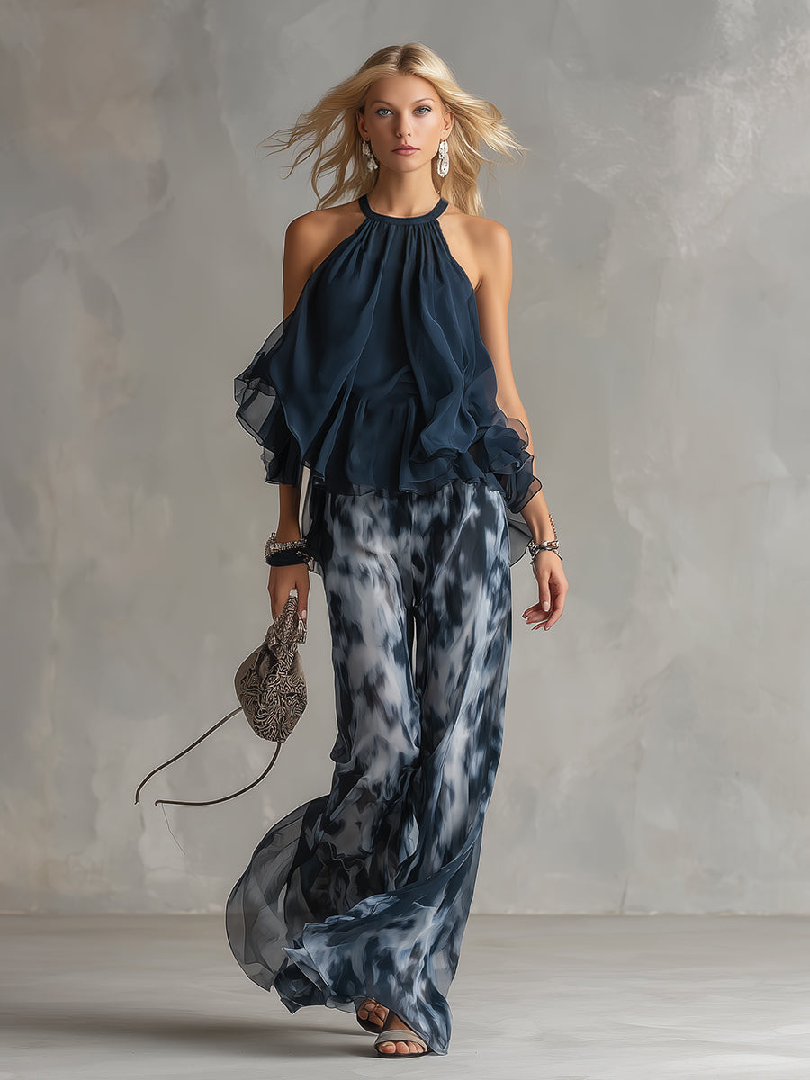 Damen Hochzeitsgastanzug Lena – Volant-Neckholder mit Palazzohose