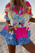 Damen Leinenset Hemd und Shorts – Bunter Druck Sommer
