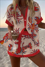 Damen Leinenset Hemd und Shorts – Bunter Druck Sommer