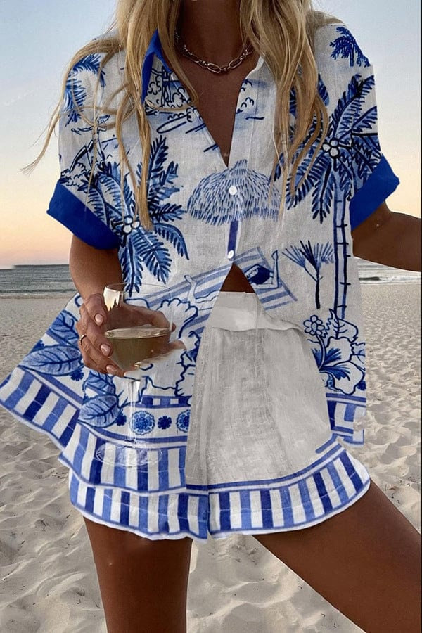 Damen Leinenset Hemd und Shorts – Bunter Druck Sommer