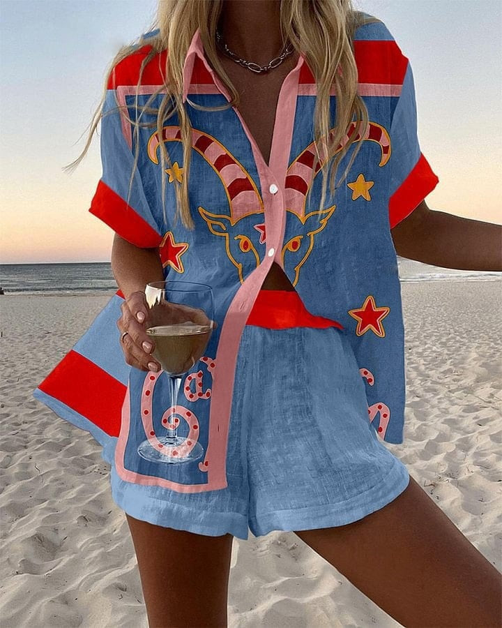 Damen Leinenset Hemd und Shorts – Bunter Druck Sommer