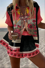 Damen Leinenset Hemd und Shorts – Bunter Druck Sommer