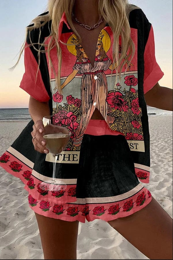 Damen Leinenset Hemd und Shorts – Bunter Druck Sommer