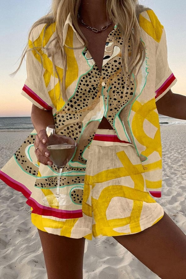 Damen Leinenset Hemd und Shorts – Bunter Druck Sommer