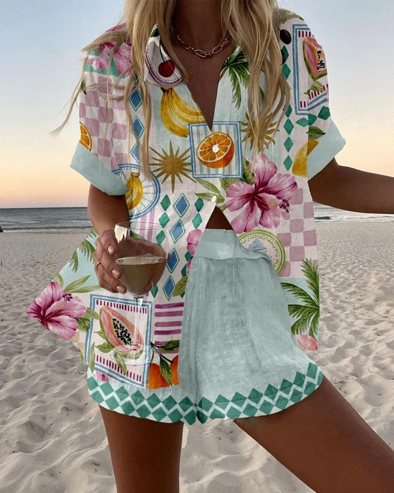Damen Leinenset Hemd und Shorts – Bunter Druck Sommer