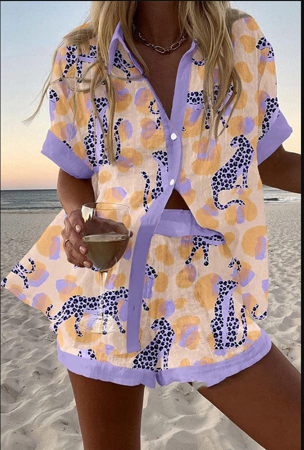 Damen Leinenset Hemd und Shorts – Bunter Druck Sommer