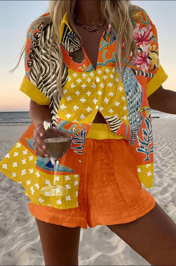 Damen Leinenset Hemd und Shorts – Bunter Druck Sommer