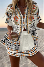 Damen Leinenset Hemd und Shorts – Bunter Druck Sommer