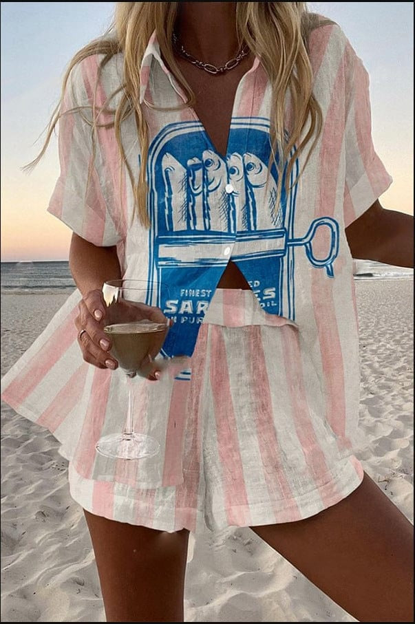 Damen Leinenset Hemd und Shorts – Bunter Druck Sommer