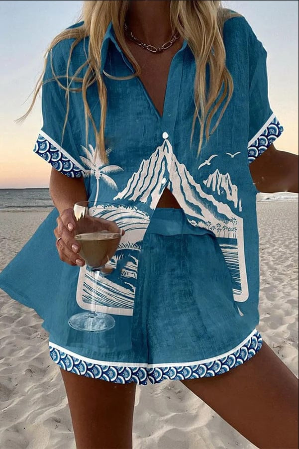 Damen Leinenset Hemd und Shorts – Bunter Druck Sommer