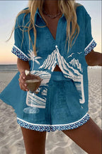 Damen Leinenset Hemd und Shorts – Bunter Druck Sommer