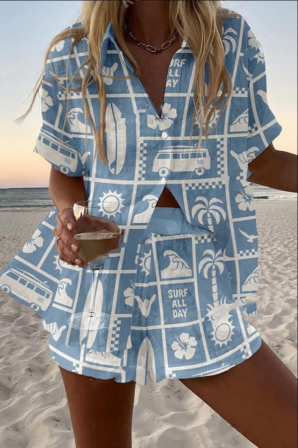 Damen Leinenset Hemd und Shorts – Bunter Druck Sommer