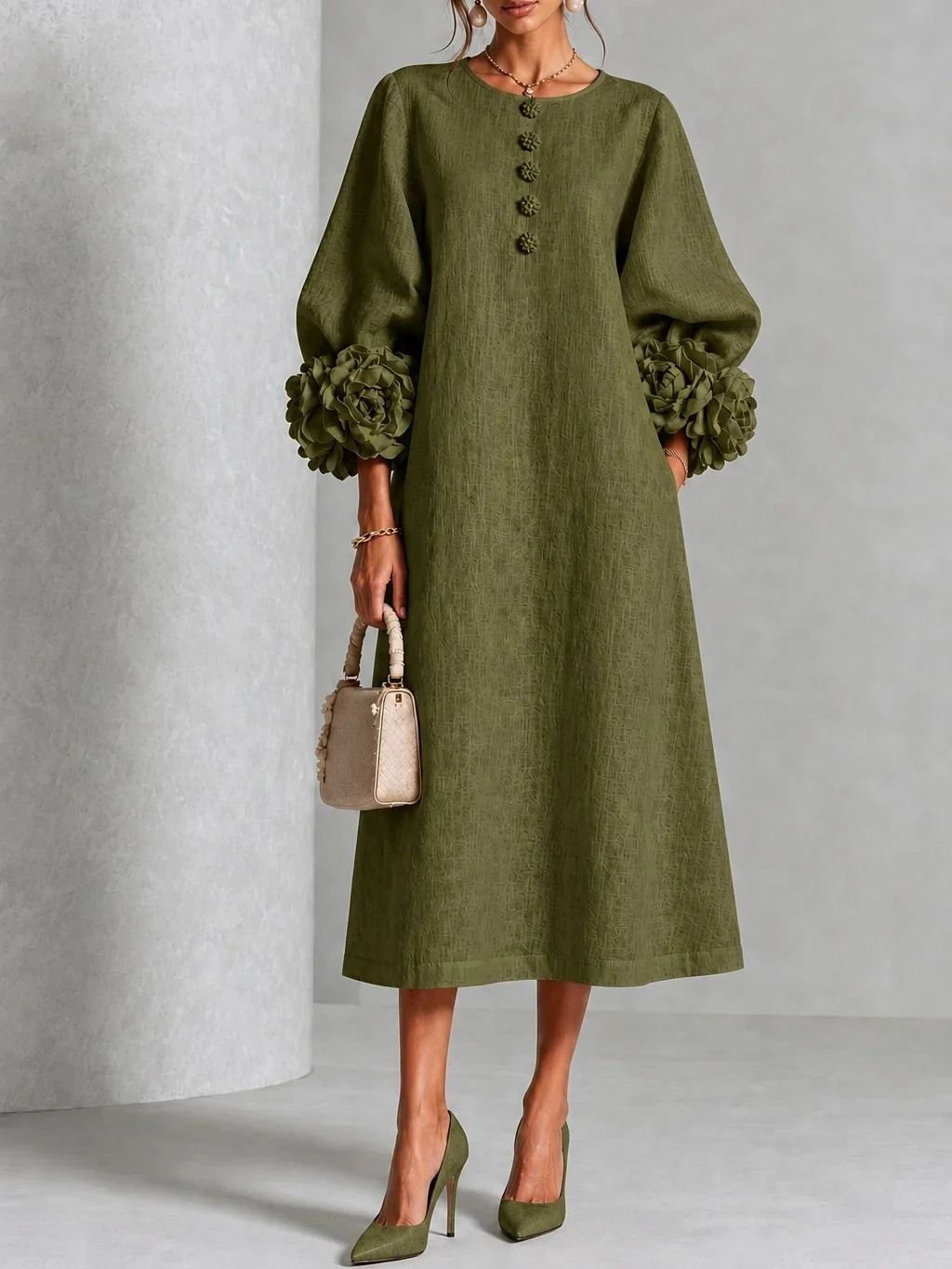 Vestido Midi para Mujer de Chambray Denim con Rosetas 3D
