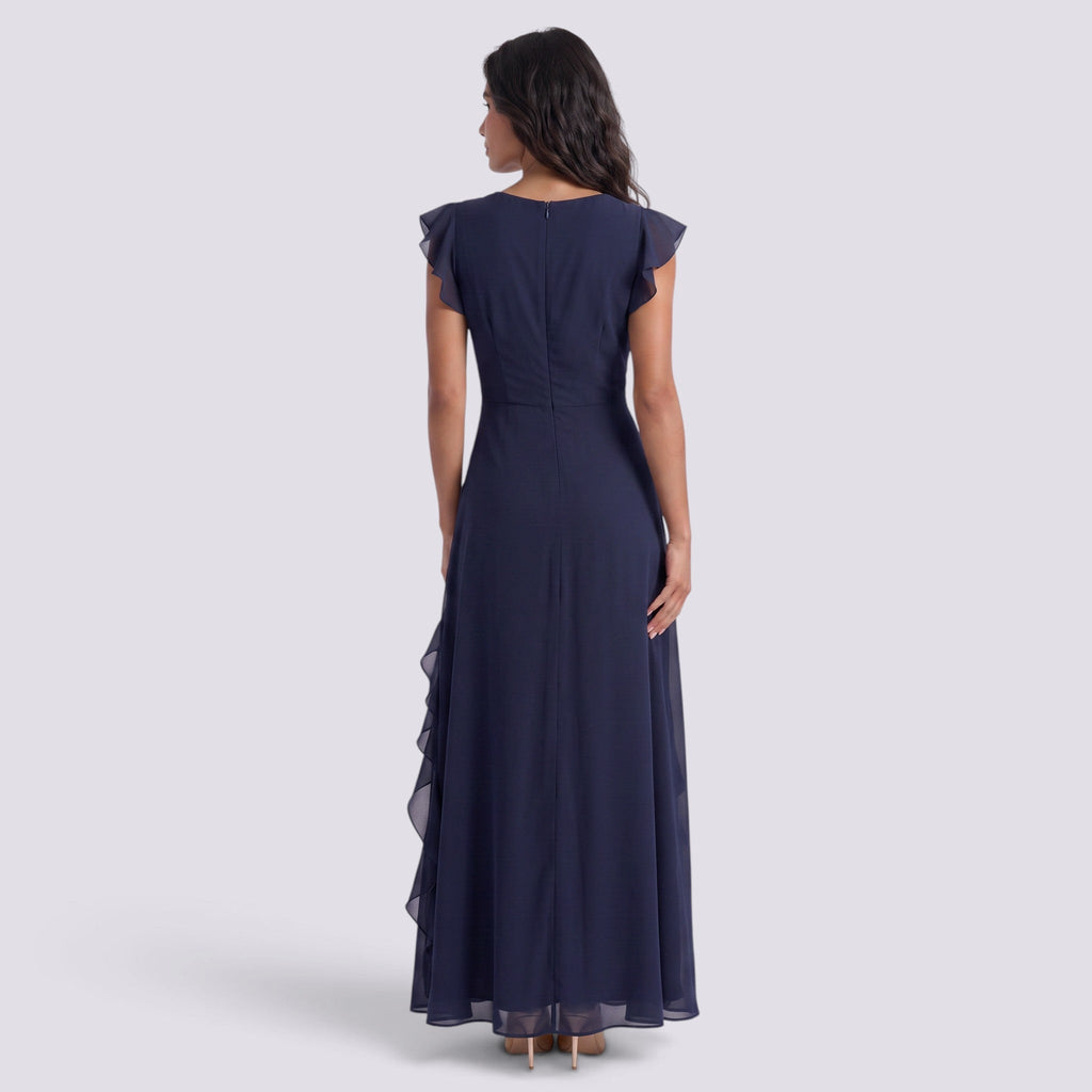 Damen Abendkleid Sophia – Plissee, Schlitz, V-Ausschnitt lang