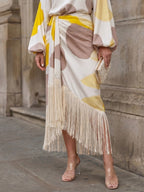 Damen Midikleid Emma – Asymmetrisch, Puffärmel, Fransen