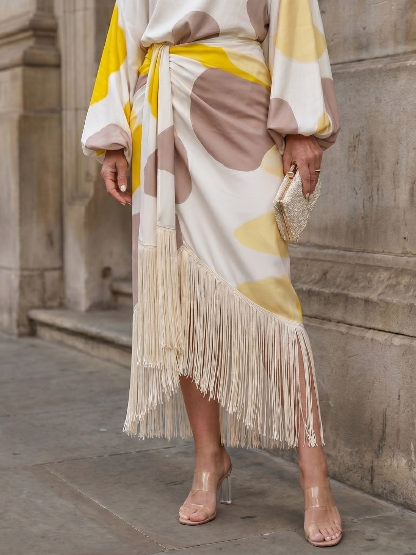 Damen Midikleid Emma – Asymmetrisch, Puffärmel, Fransen