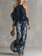 Damen Hochzeitsgastanzug Lena – Volant-Neckholder mit Palazzohose