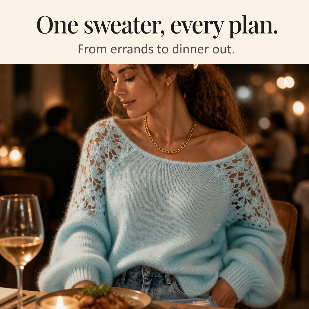 Damen Strickpullover Emma – Spitzendetail, schulterfreier Ausschnitt