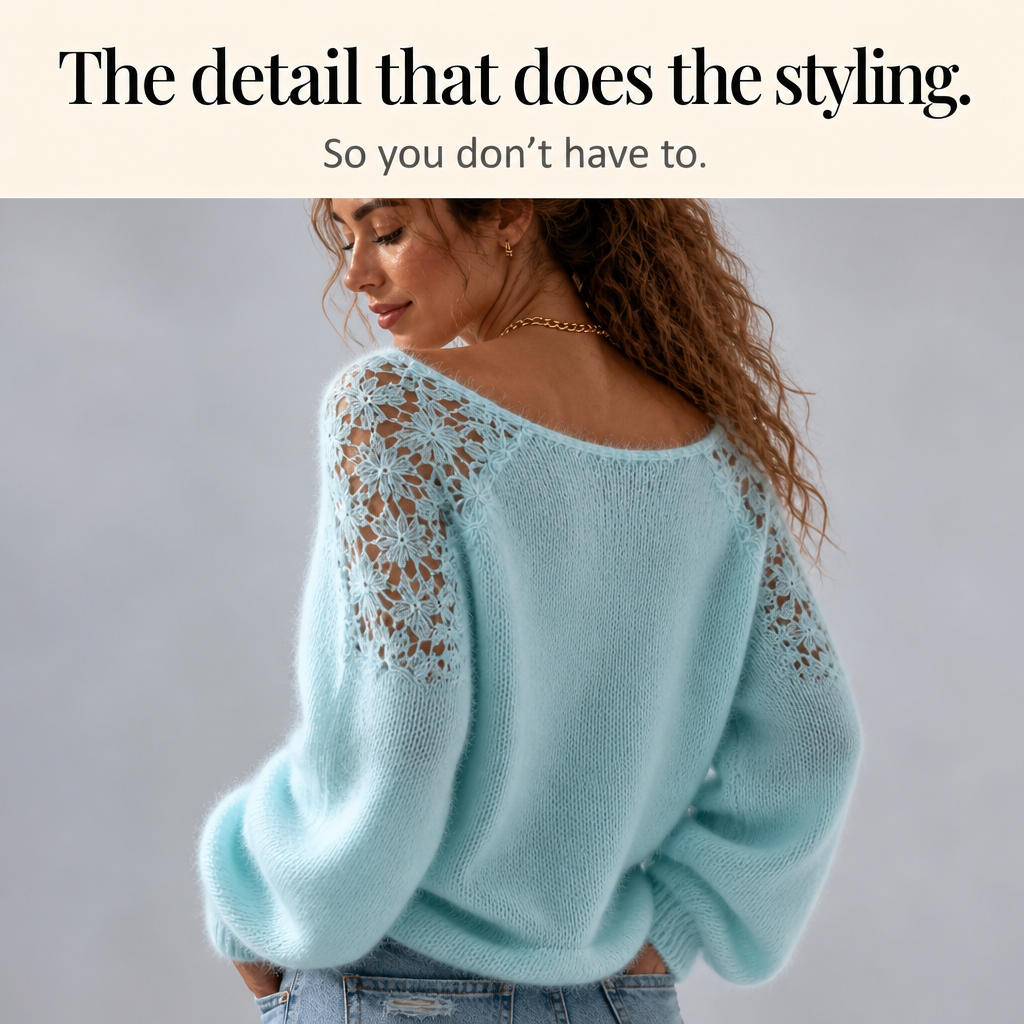 Damen Strickpullover Emma – Spitzendetail, schulterfreier Ausschnitt
