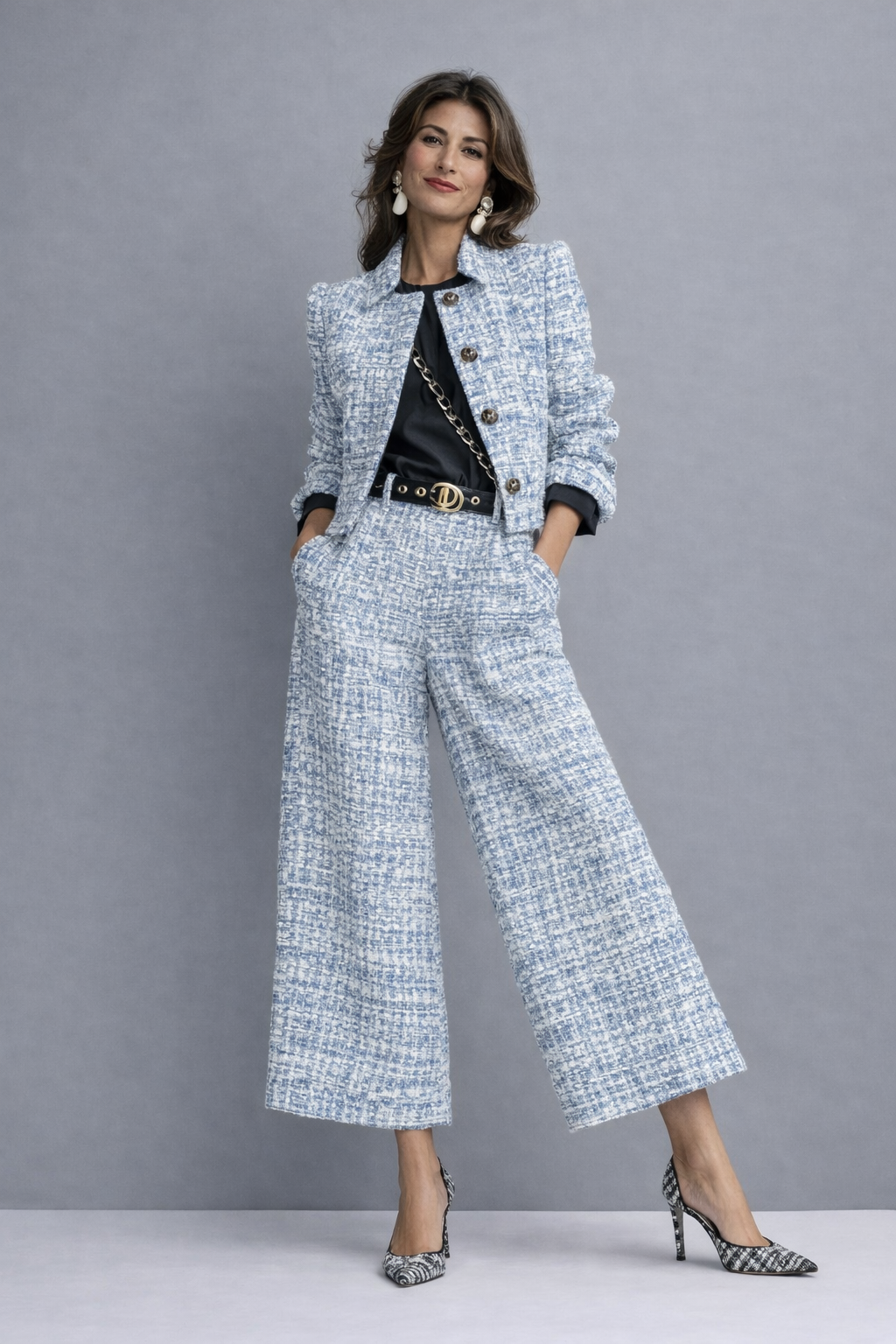 Damen Tweed Anzug Emma – Blazer kurz mit Palazzo-Hose