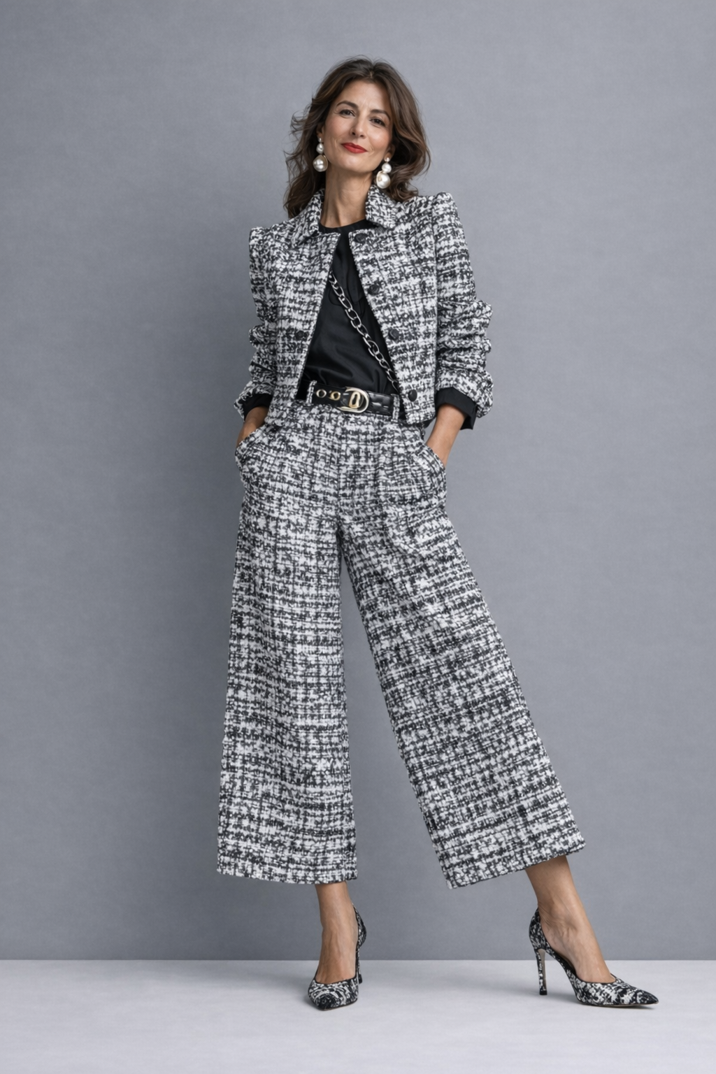 Damen Tweed Anzug Emma – Blazer kurz mit Palazzo-Hose