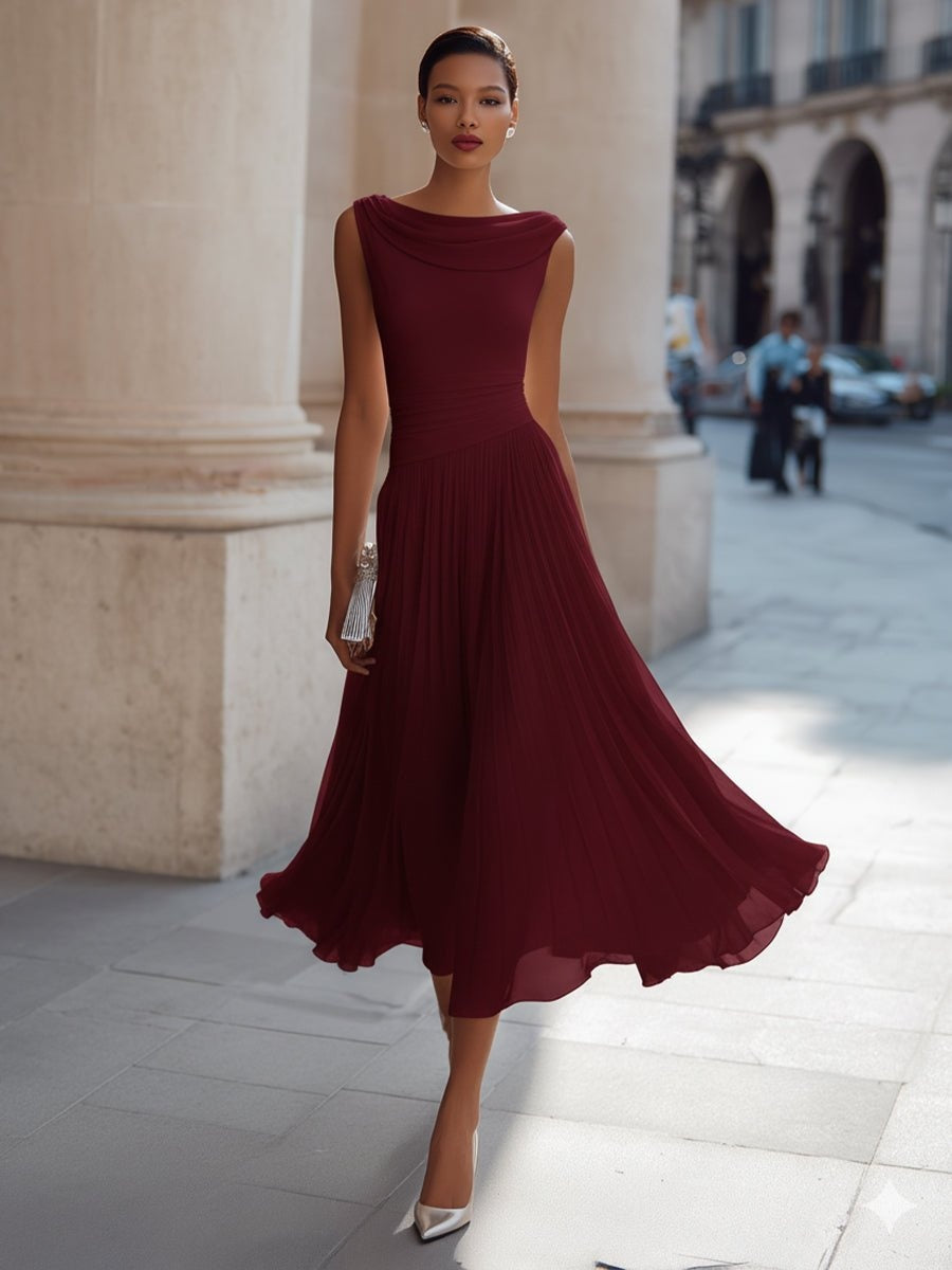 Damen Midi-Kleid Sophia – Elegantes Drapé, fließender Faltenrock