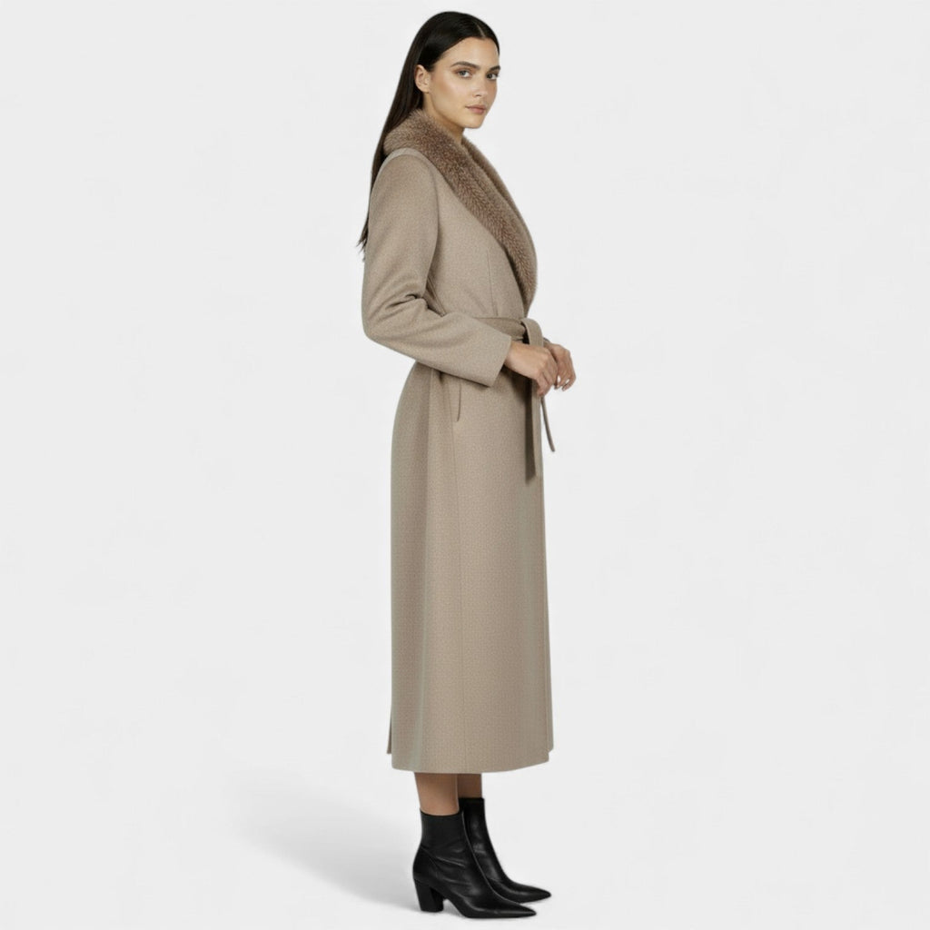 Damen Wollmantel lang Emma – Eleganter Schnitt mit Kunstfellkragen
