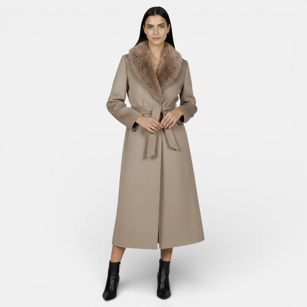Damen Wollmantel lang Emma – Eleganter Schnitt mit Kunstfellkragen