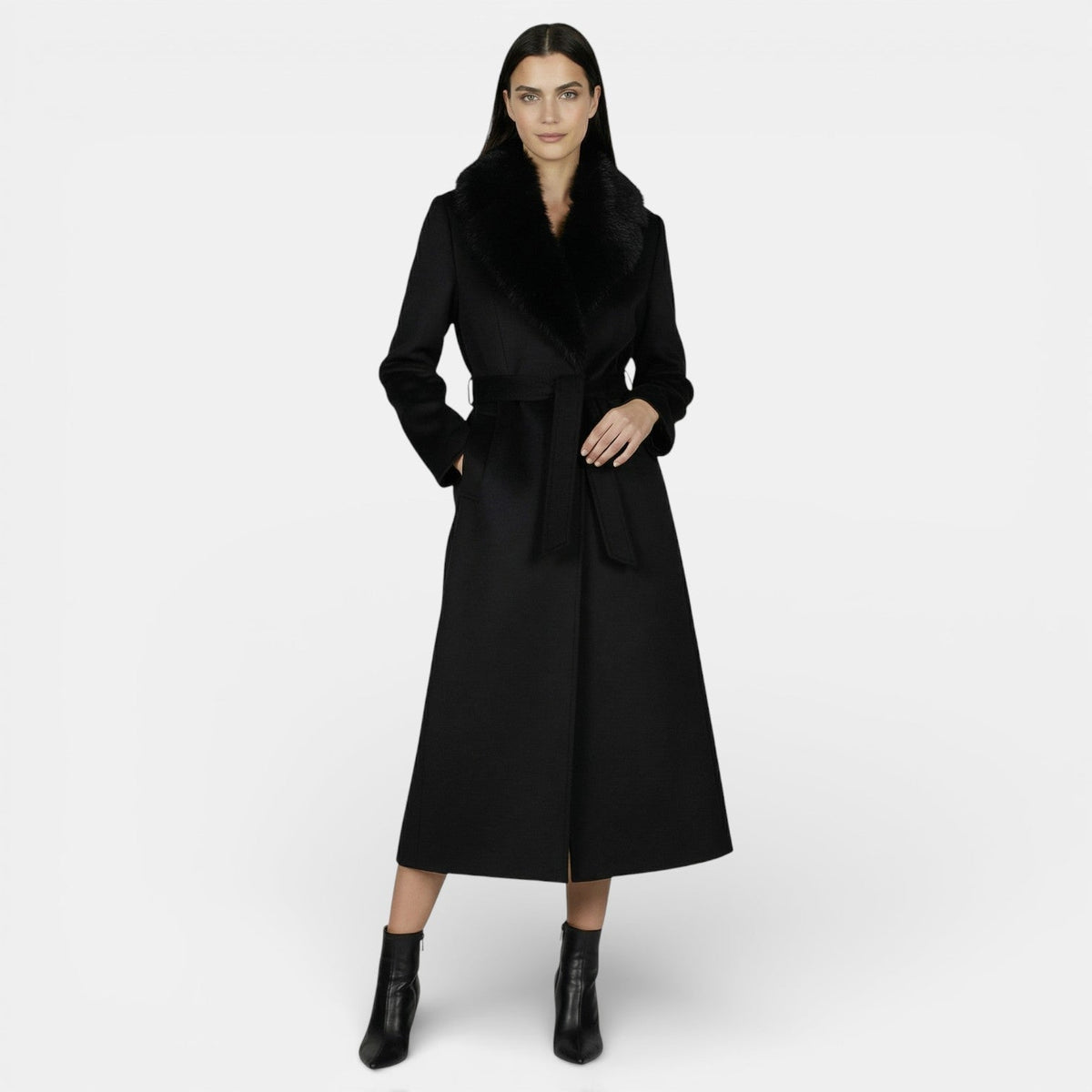 Damen Wollmantel lang Emma – Eleganter Schnitt mit Kunstfellkragen