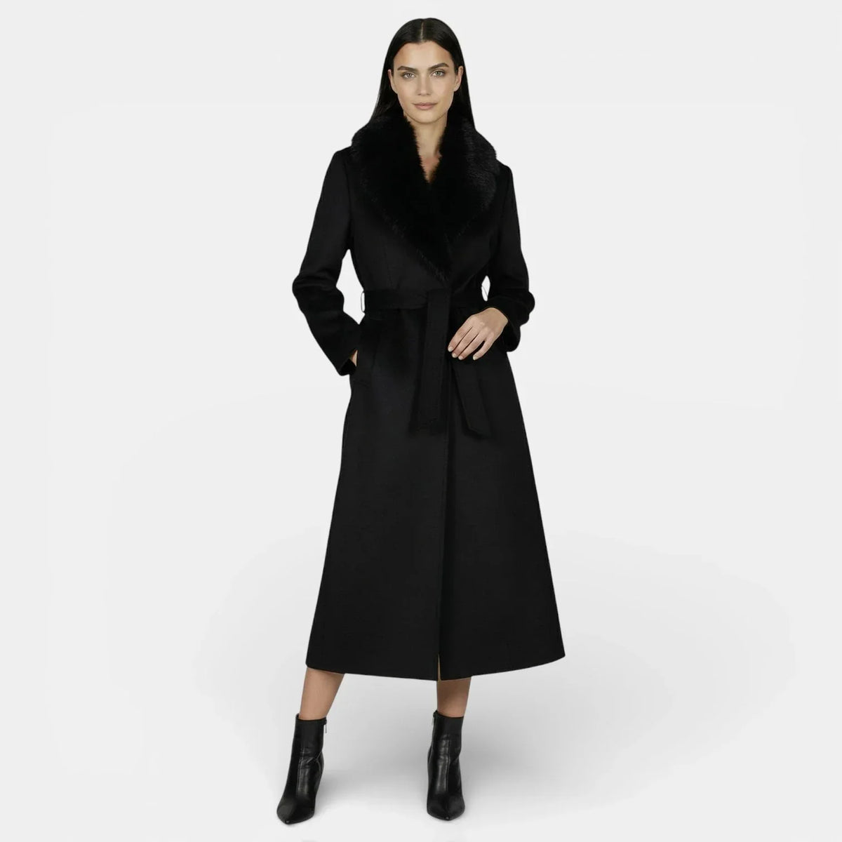 Damen Wollmantel lang Emma – Eleganter Schnitt mit Kunstfellkragen