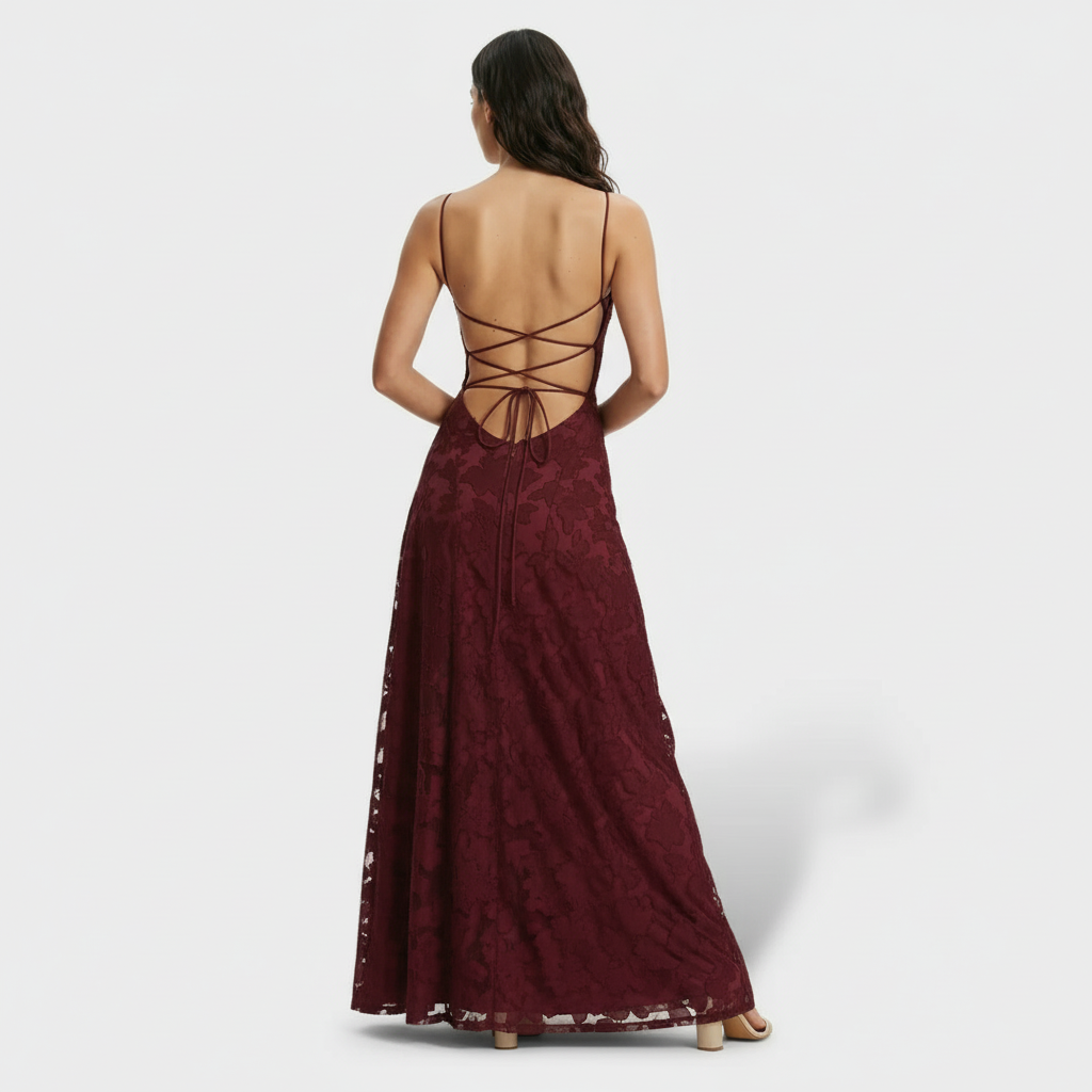 Damen Partykleid Lena – Lang, Floralprint, offener Rücken