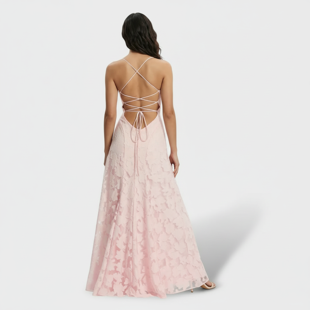 Damen Partykleid Lena – Lang, Floralprint, offener Rücken