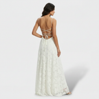 Damen Partykleid Lena – Lang, Floralprint, offener Rücken