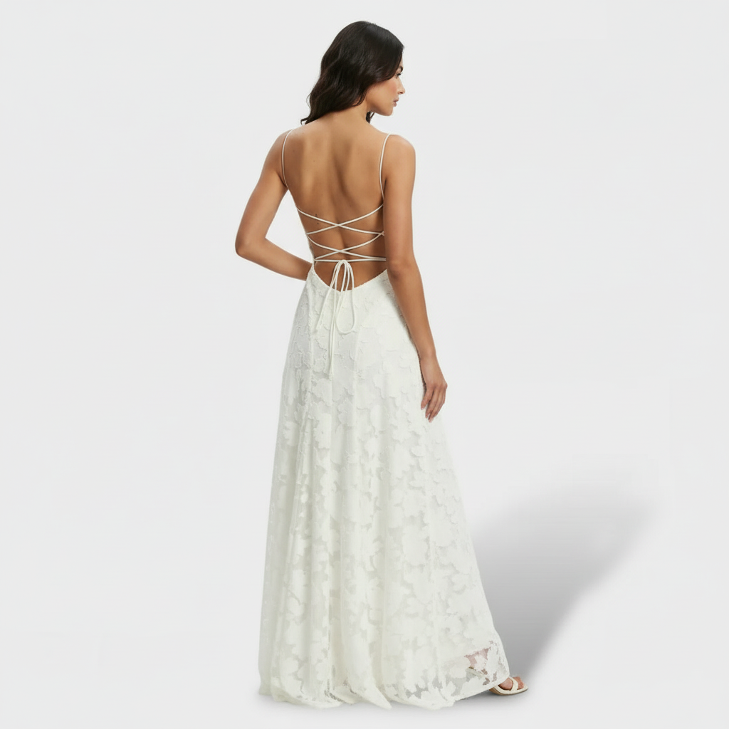 Damen Partykleid Lena – Lang, Floralprint, offener Rücken