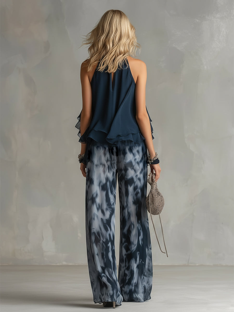 Damen Hochzeitsgastanzug Lena – Volant-Neckholder mit Palazzohose