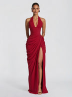 Damen Abendkleid Emma – Neckholder, Seitenschlitz, fließend