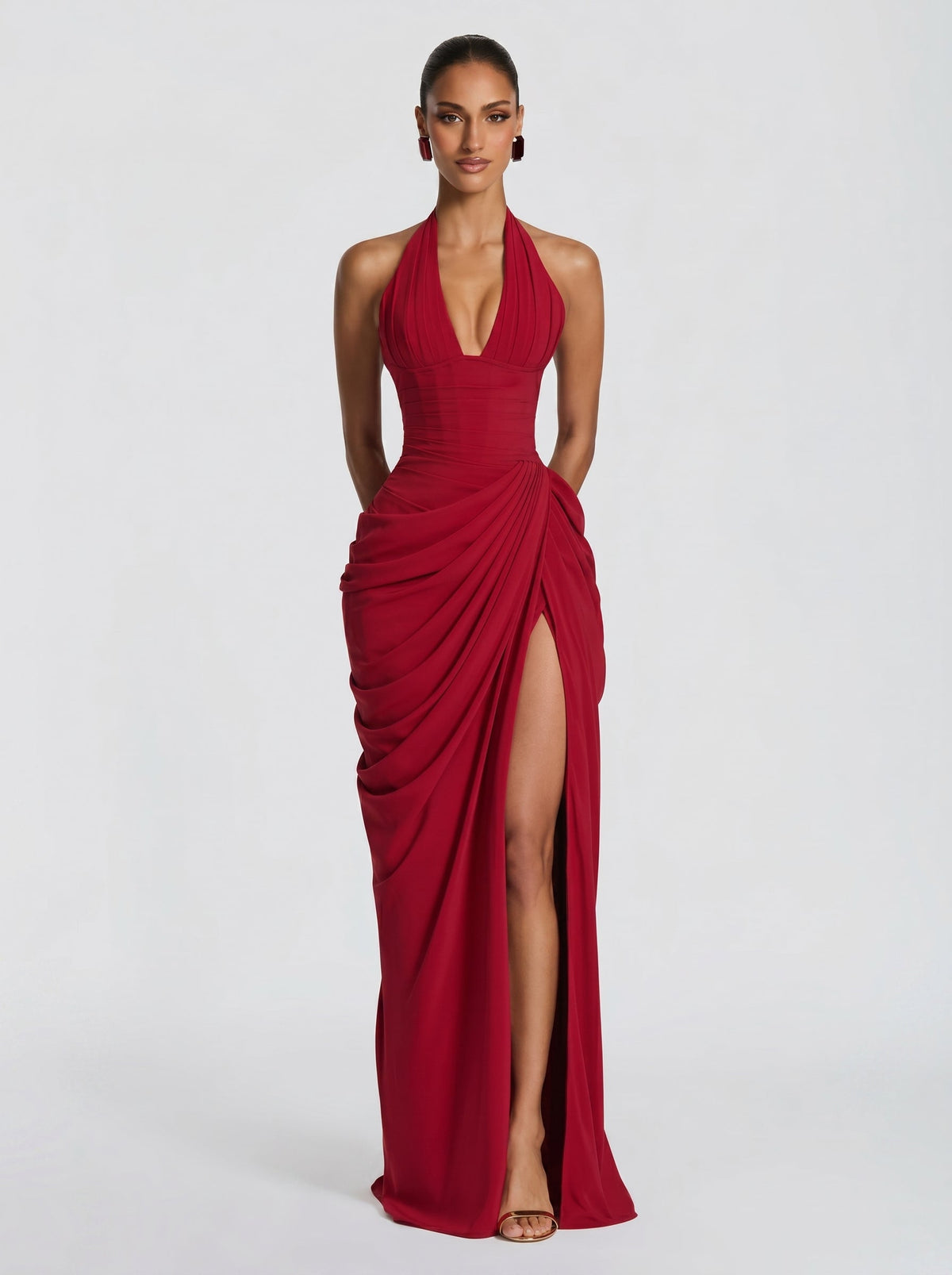 Damen Abendkleid Emma – Neckholder, Seitenschlitz, fließend