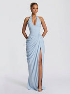 Damen Abendkleid Emma – Neckholder, Seitenschlitz, fließend