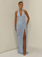 Damen Abendkleid Emma – Neckholder, Seitenschlitz, fließend