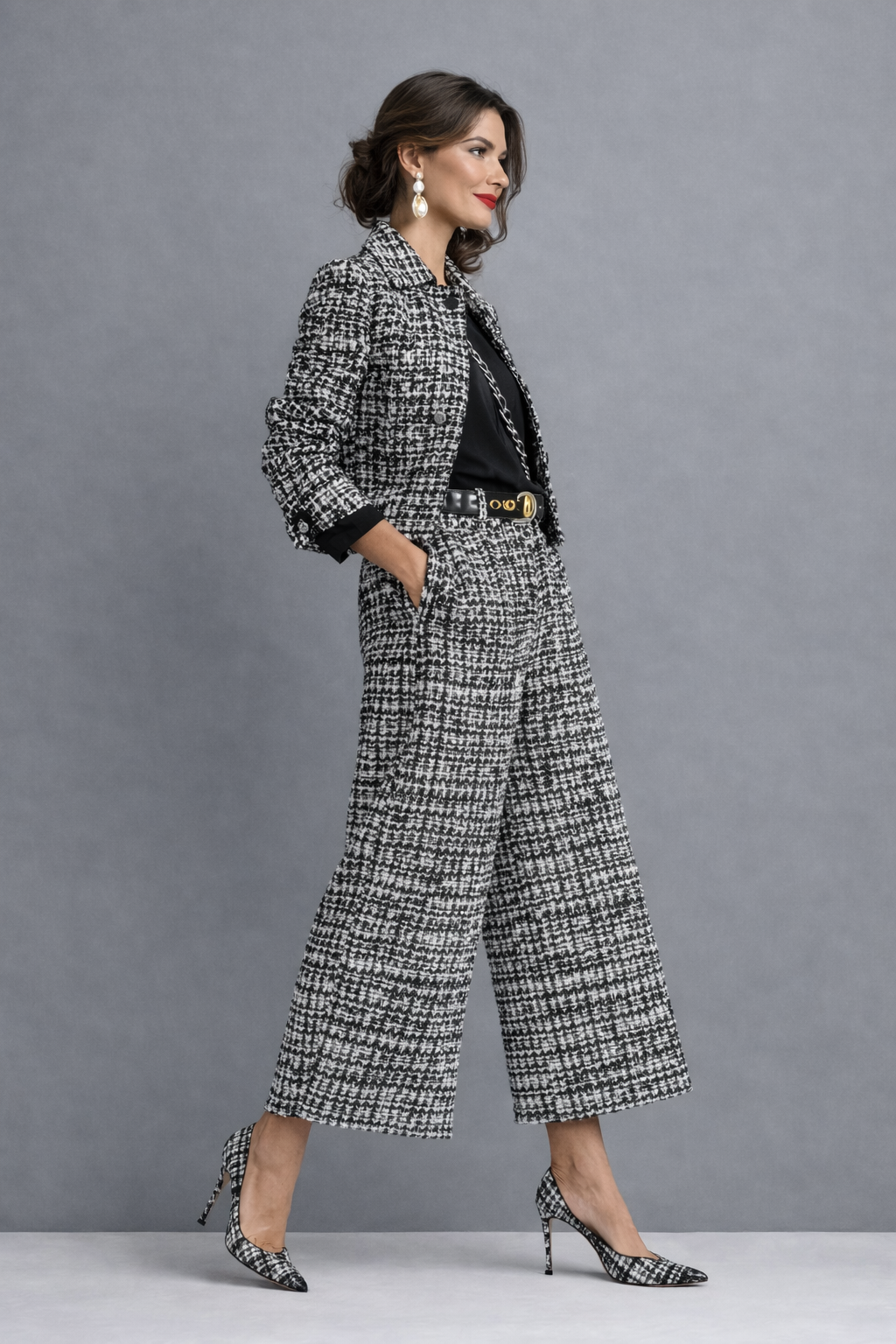 Damen Tweed Anzug Emma – Blazer kurz mit Palazzo-Hose