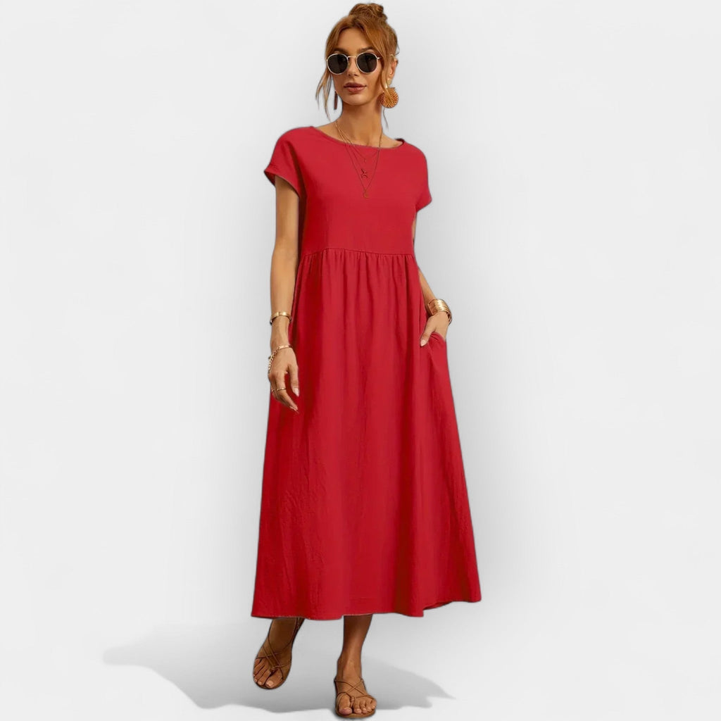 Damen Midi-Kleid Katharina – Baumwolle mit Taschen, Kurzarm