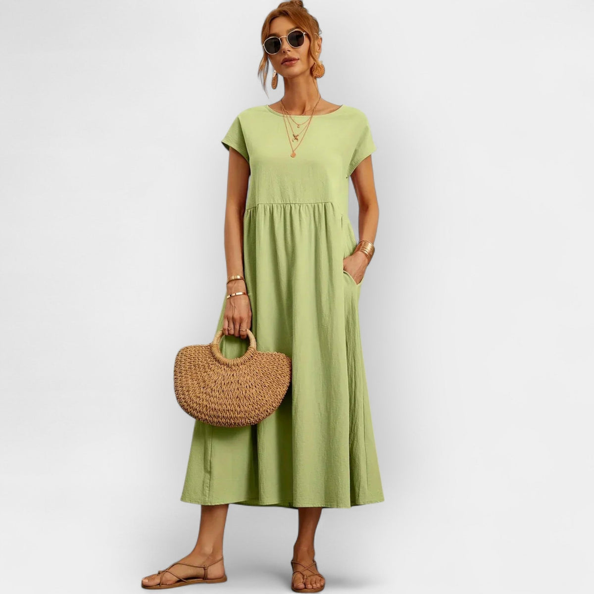 Damen Midi-Kleid Katharina – Baumwolle mit Taschen, Kurzarm