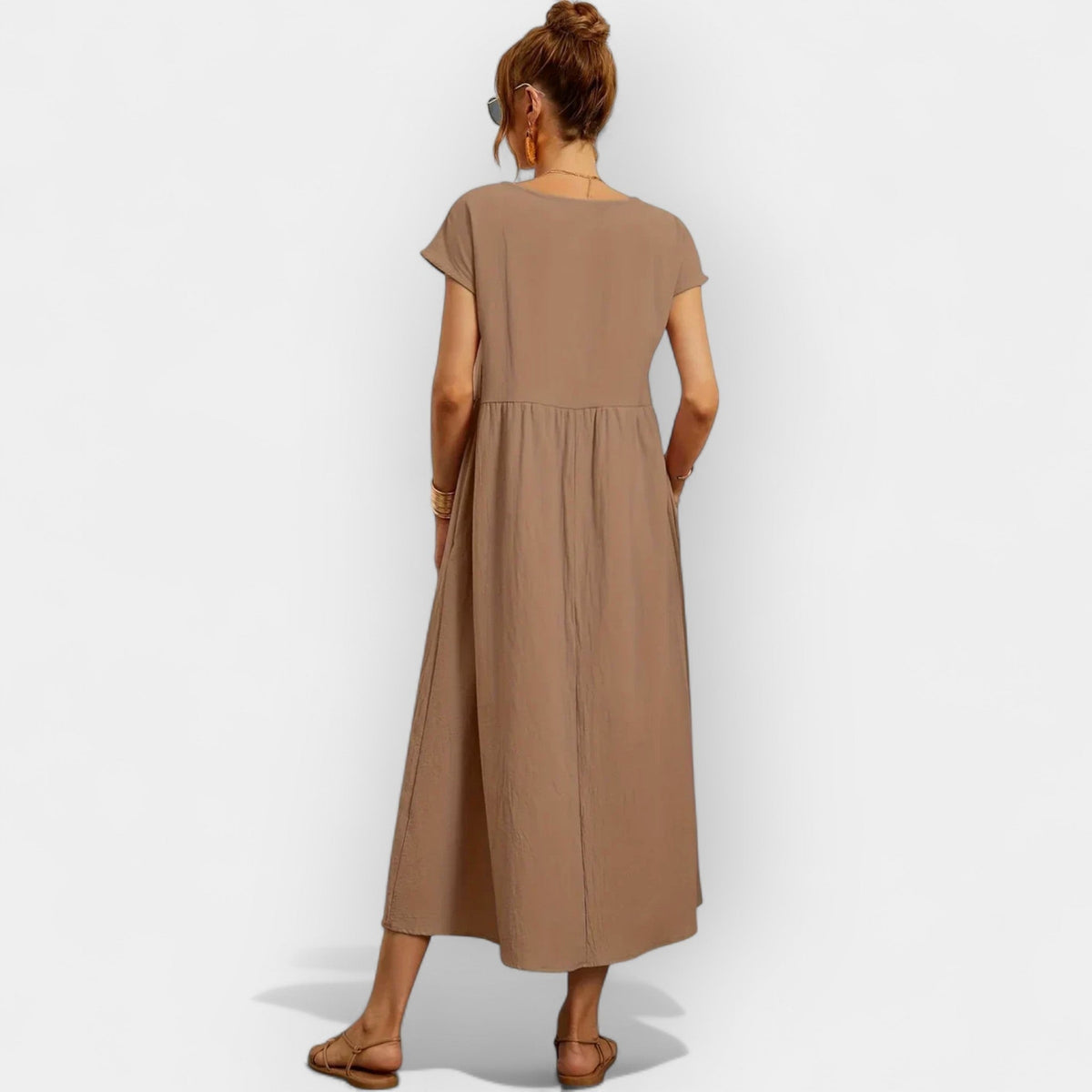 Damen Midi-Kleid Katharina – Baumwolle mit Taschen, Kurzarm