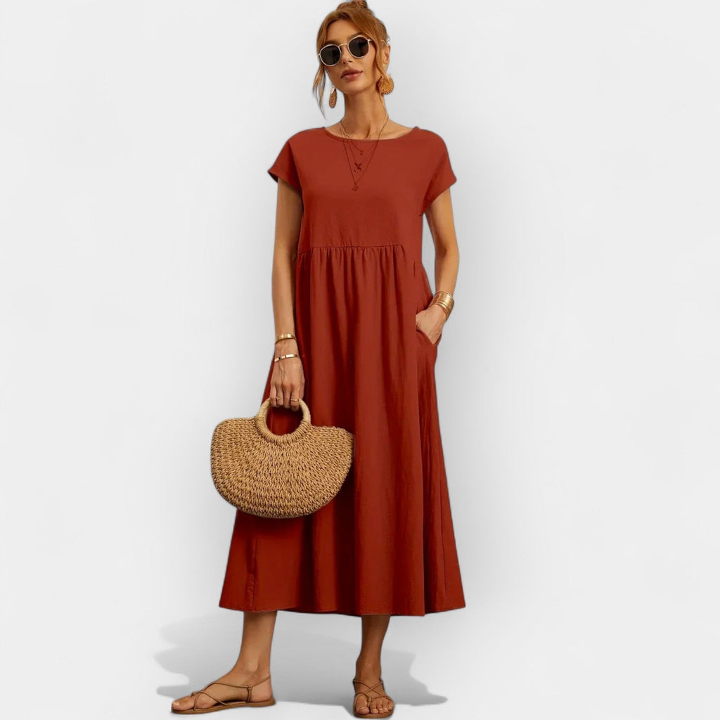 Damen Midi-Kleid Katharina – Baumwolle mit Taschen, Kurzarm