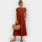 Damen Midi-Kleid Katharina – Baumwolle mit Taschen, Kurzarm