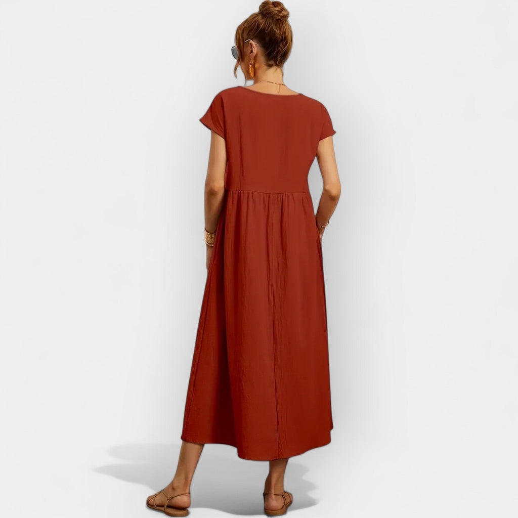 Damen Midi-Kleid Katharina – Baumwolle mit Taschen, Kurzarm