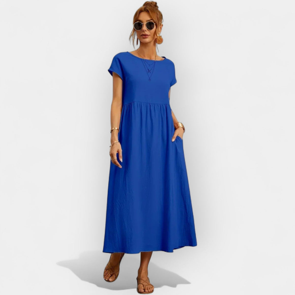 Damen Midi-Kleid Katharina – Baumwolle mit Taschen, Kurzarm