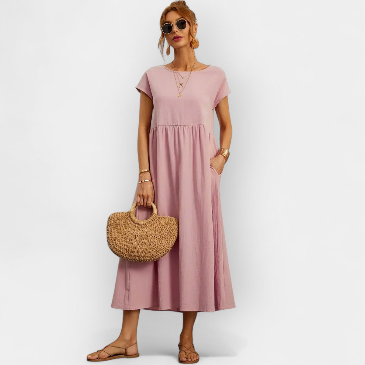 Damen Midi-Kleid Katharina – Baumwolle mit Taschen, Kurzarm