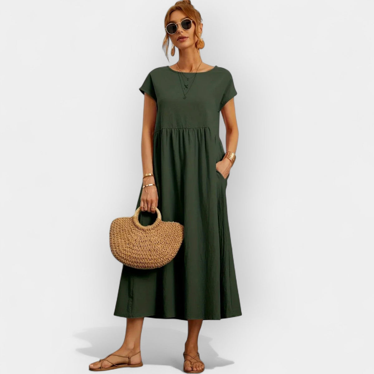 Damen Midi-Kleid Katharina – Baumwolle mit Taschen, Kurzarm